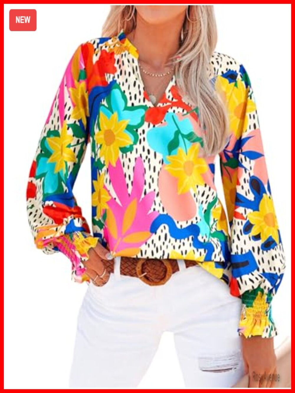Boho Floral Long Sleeve Chiffon Blouse V-Neck Puff Sleeve Women's Top